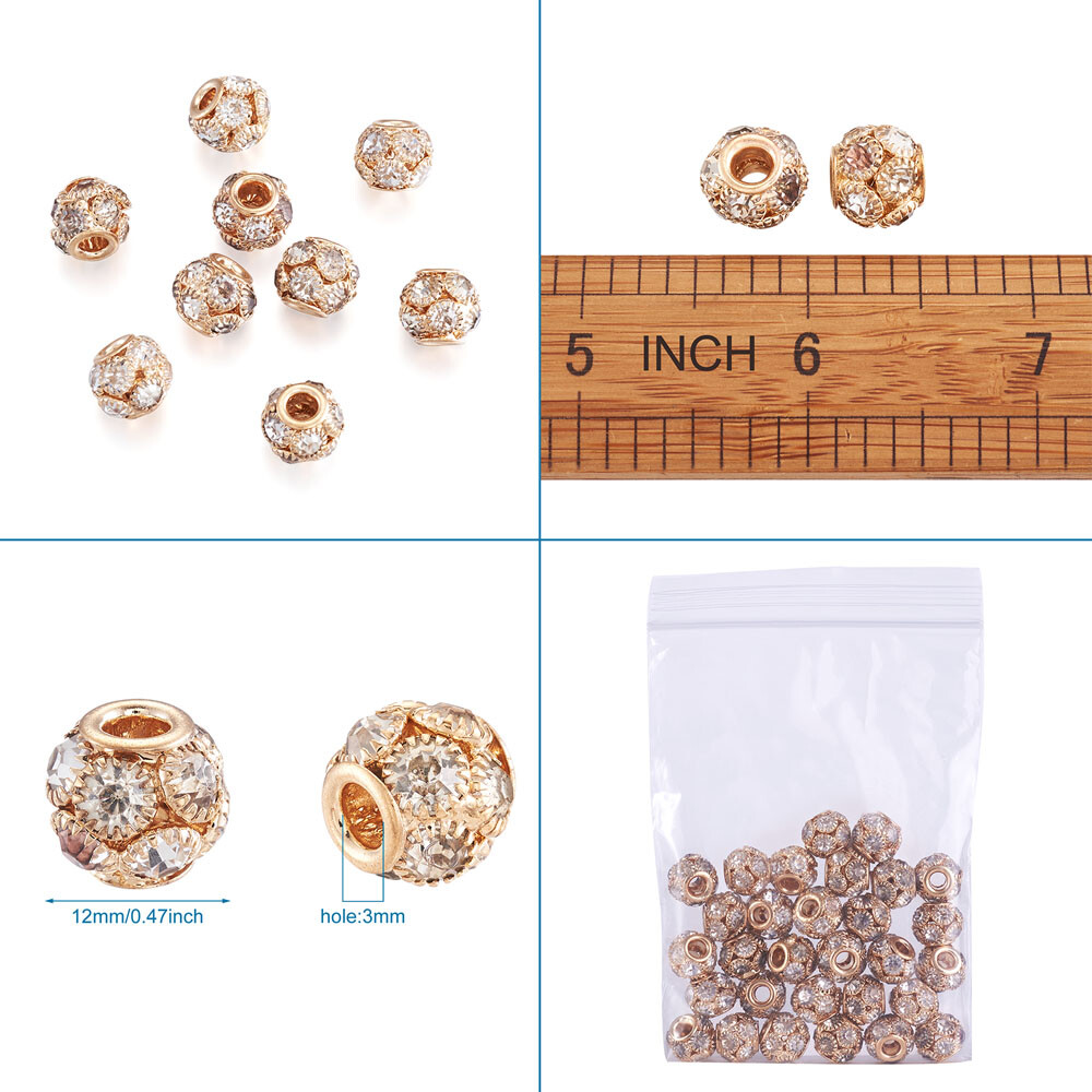 30x Rondelle Light Gold Crystal Brass Beads Crafts with Clear Rhinestone 12x10mm