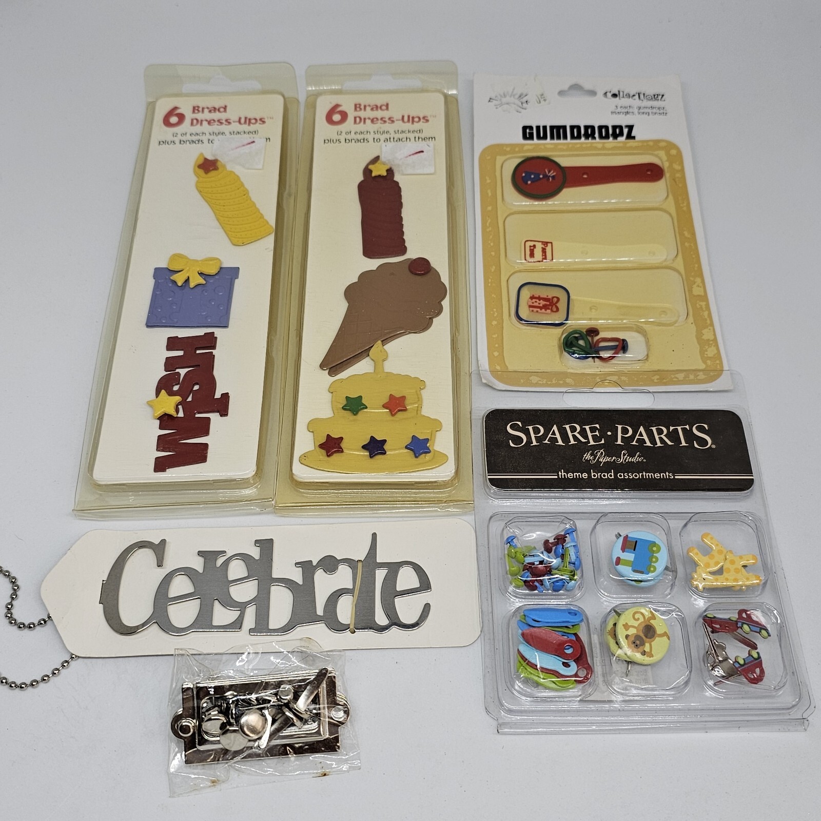 Lot of Embellishments for Scrapbooking Brads Happy Birthday Etc