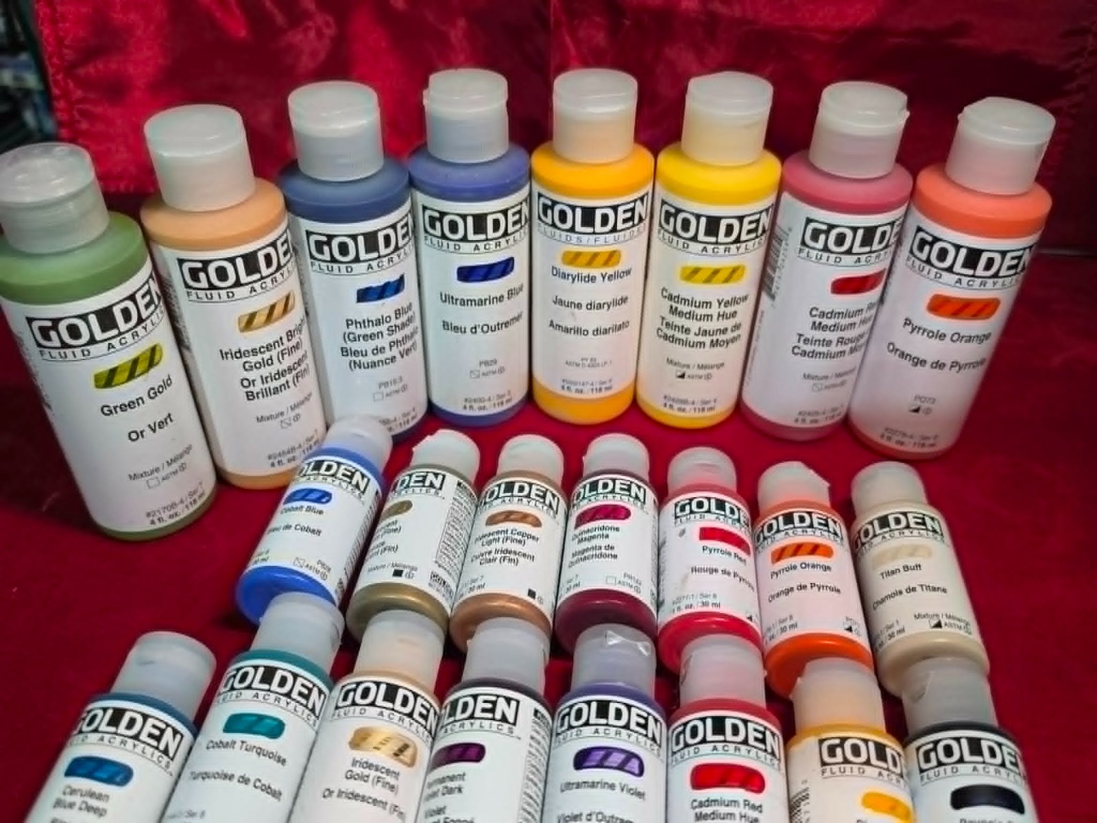 Golden Fluid Acrylics 1 fl. oz/30 ml Lot Of 22 Sealed & 8 4oz No Dupl Free Shi