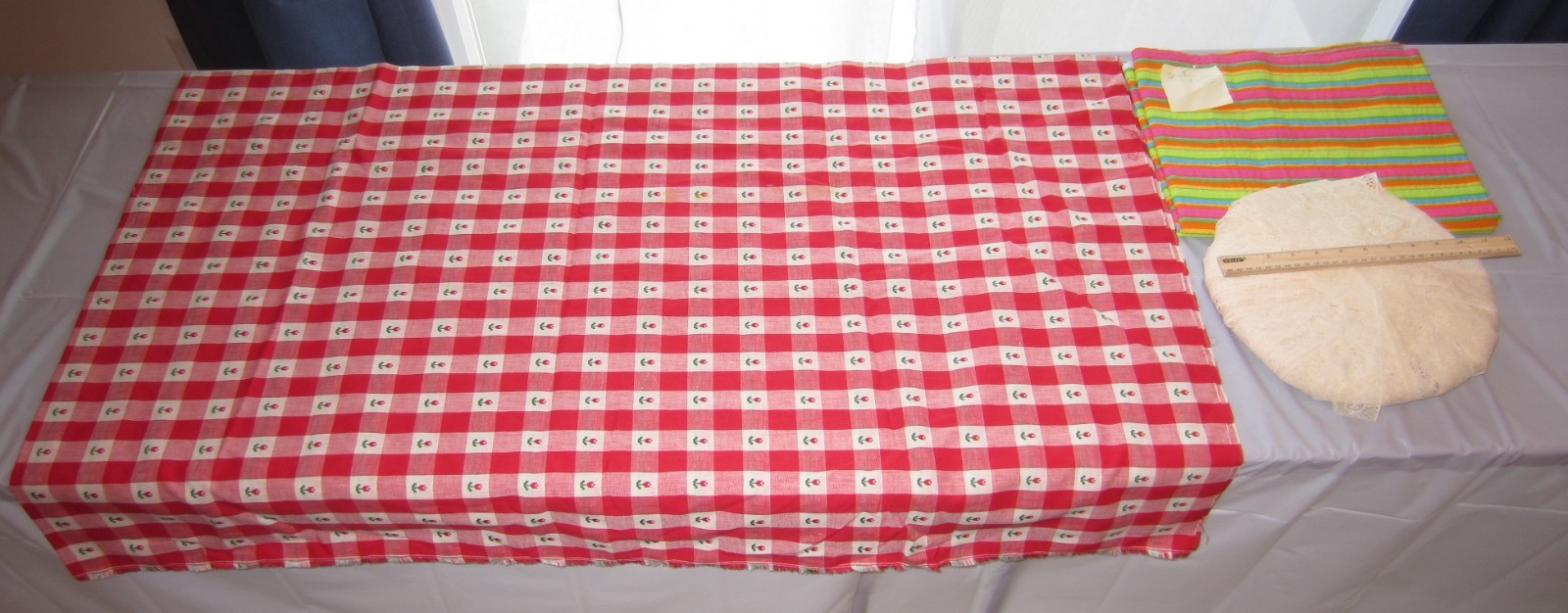 Old Estate Find – Fabric & Lace LOT – Red Gingham Tulip Print Rainbow Stripe