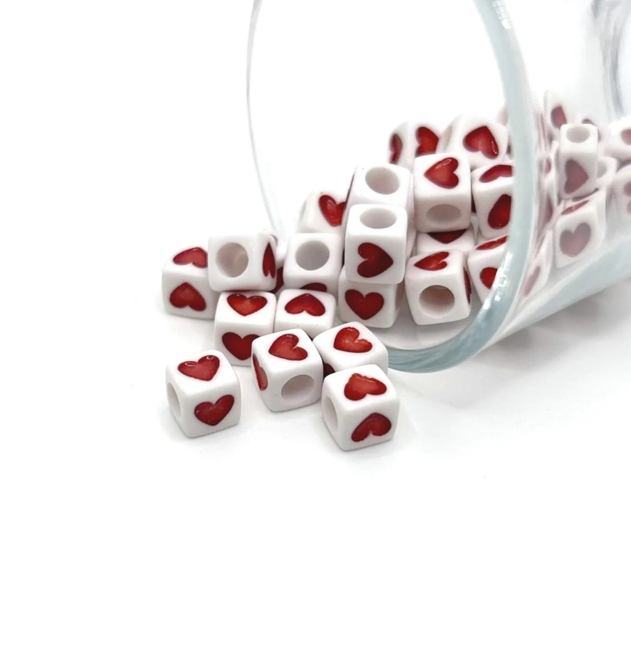 Red and White Square Heart Beads, 7x7mm – US Seller
