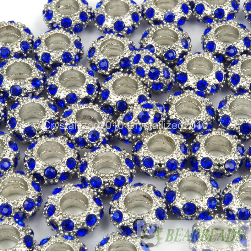 Big Hole Crystal Rhinestone Pave Pewter Rondelle Spacer Beads Fit European Charm