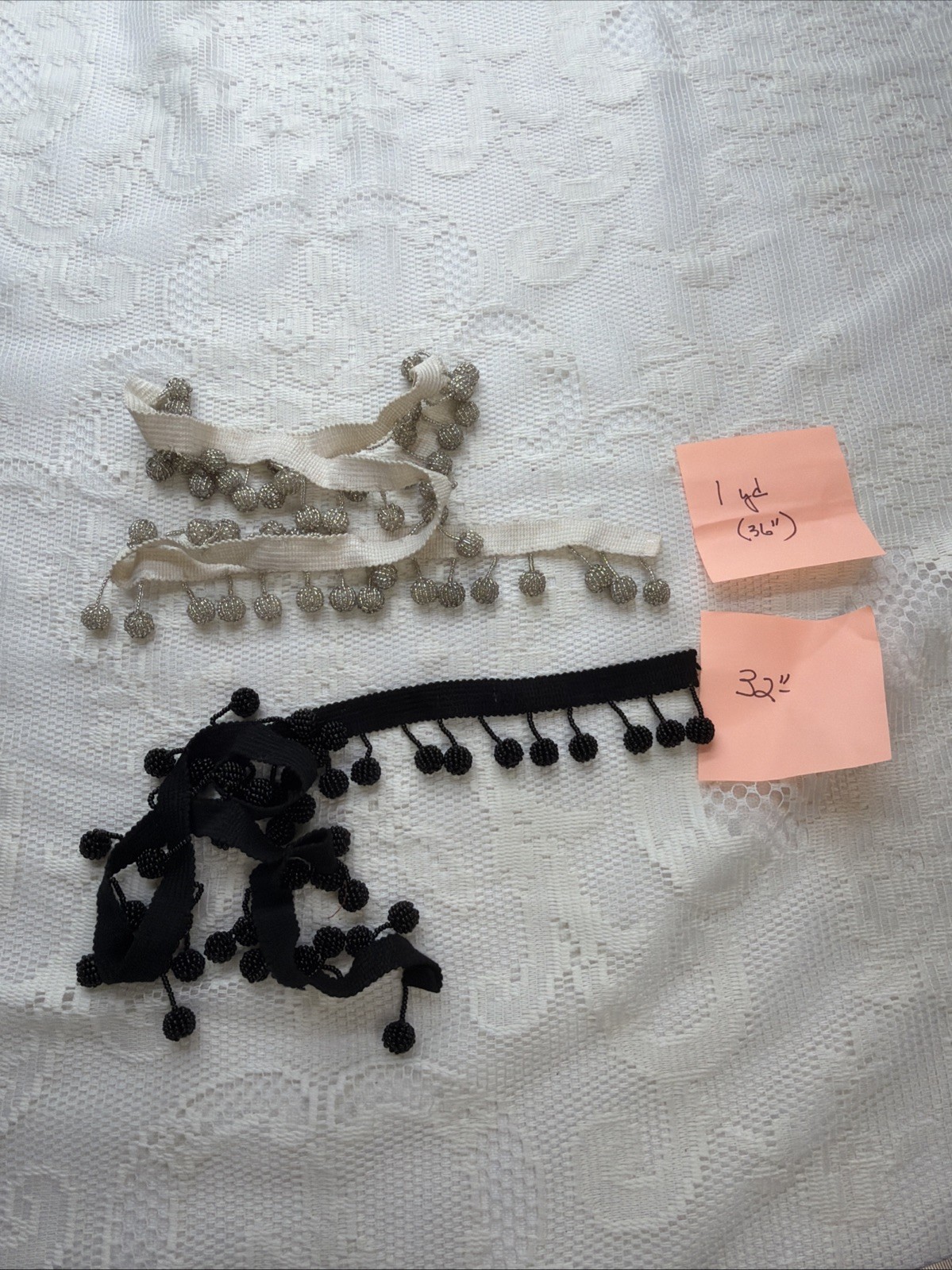 Black White Beaded Seed Ball Fringe 2.5″ Trim Two Scrap Pieces