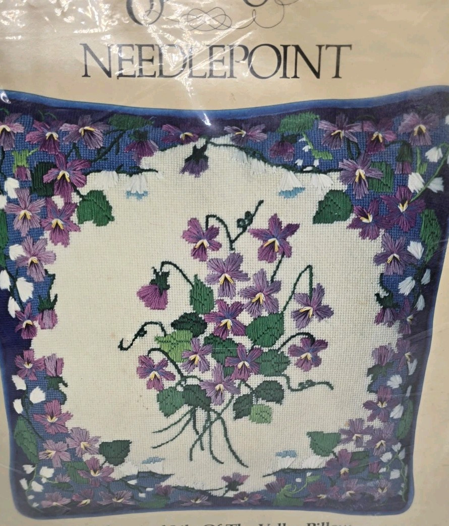 Vtg Something Special Needlepoint Pillow kit 14″ VIOLETS AND LILY OF THE VALLEY
