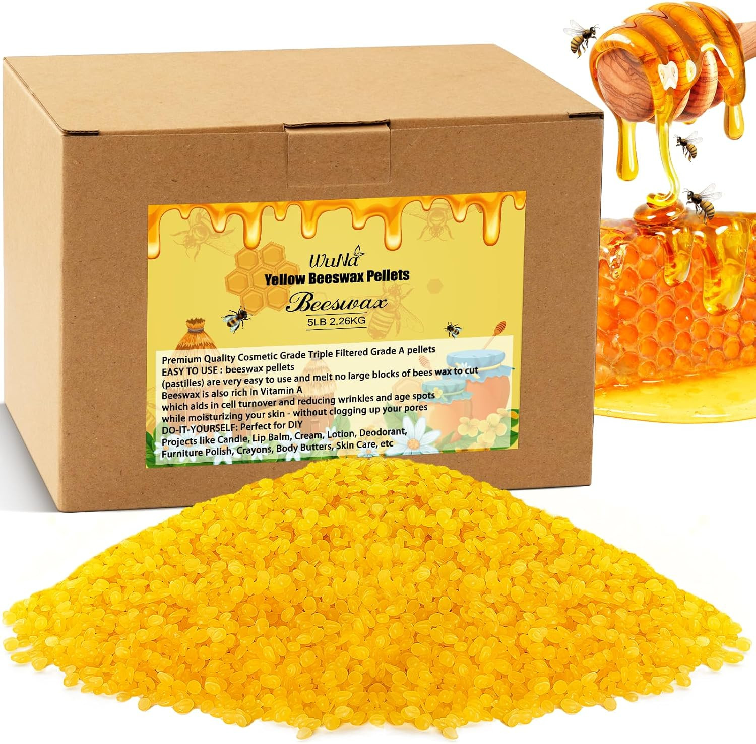 5LB Yellow Beeswax Pellets Food Grade Beeswax Triple Filtered Beeswax