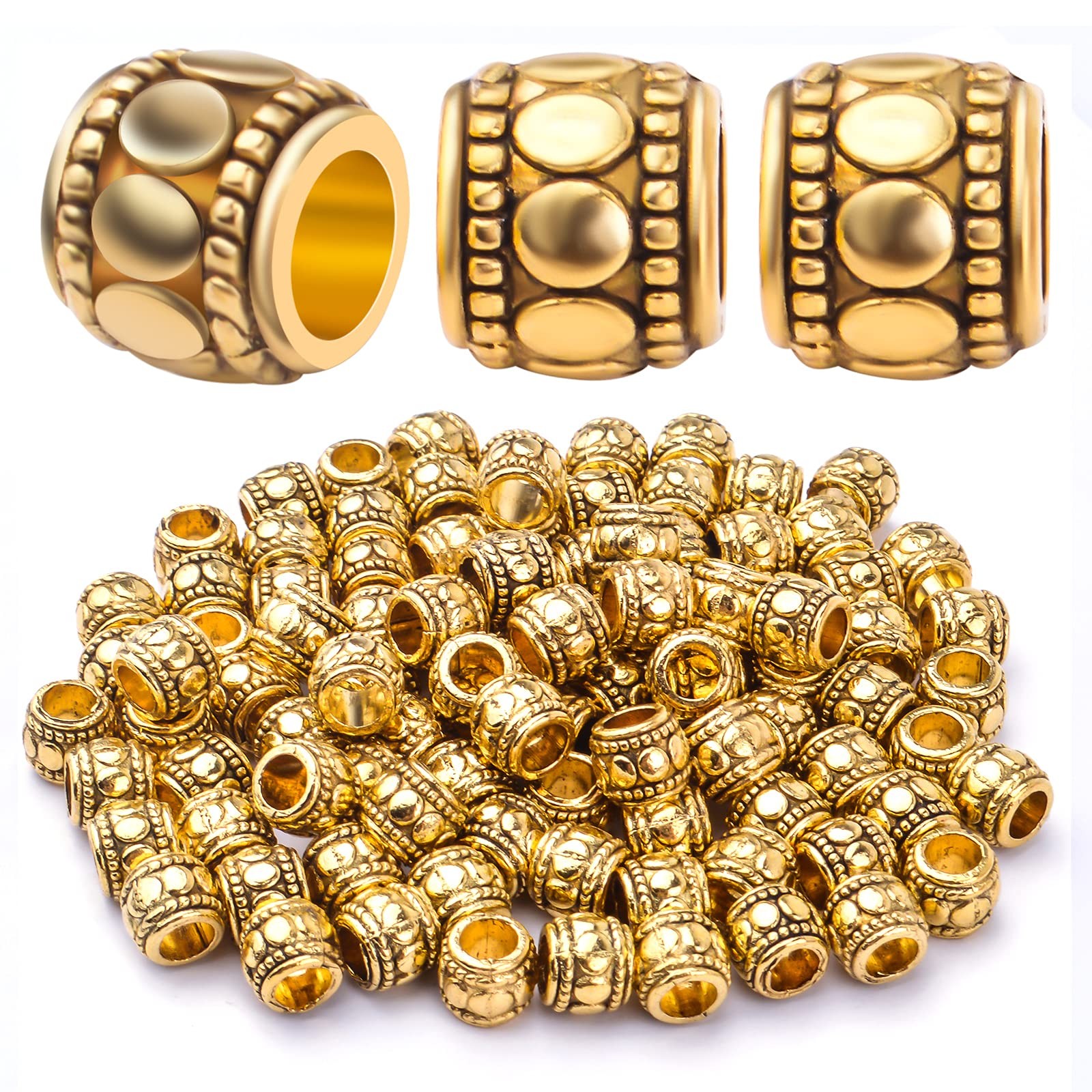 100pcs Antique Gold Large Hole Spacer Beads Tibetan Alloy European Barrel Bea…