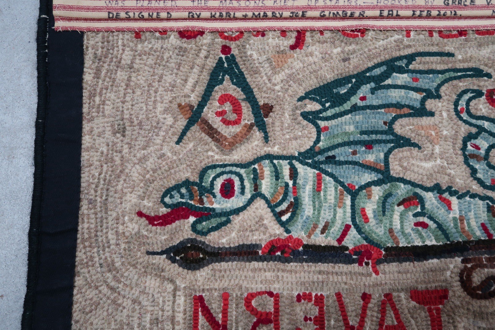 Hand Hooked Wool Rug Green Dragon Tavern Boston Tea Party Masonic Folk Art A3