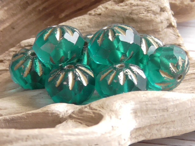 8 – 10x7mm CZECH TRANSPARENT CARIBBEAN BLUE GREEN GOLD WASH FACETED CRULLER BEAD