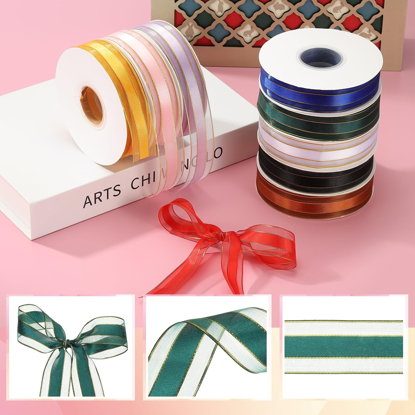 50 Yards x 1″ Organza Chiffon Gold Edge Ribbon, Gold and Green Candy Satin St…
