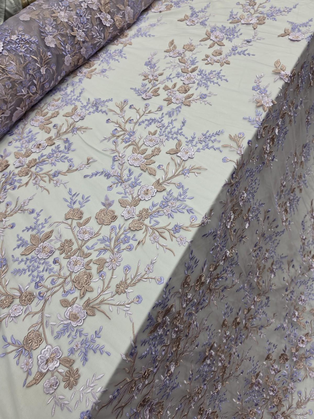 Lavender Lace Floral Flowers 3d Beige Embroidery Multicolor Fabric Sold By Yard