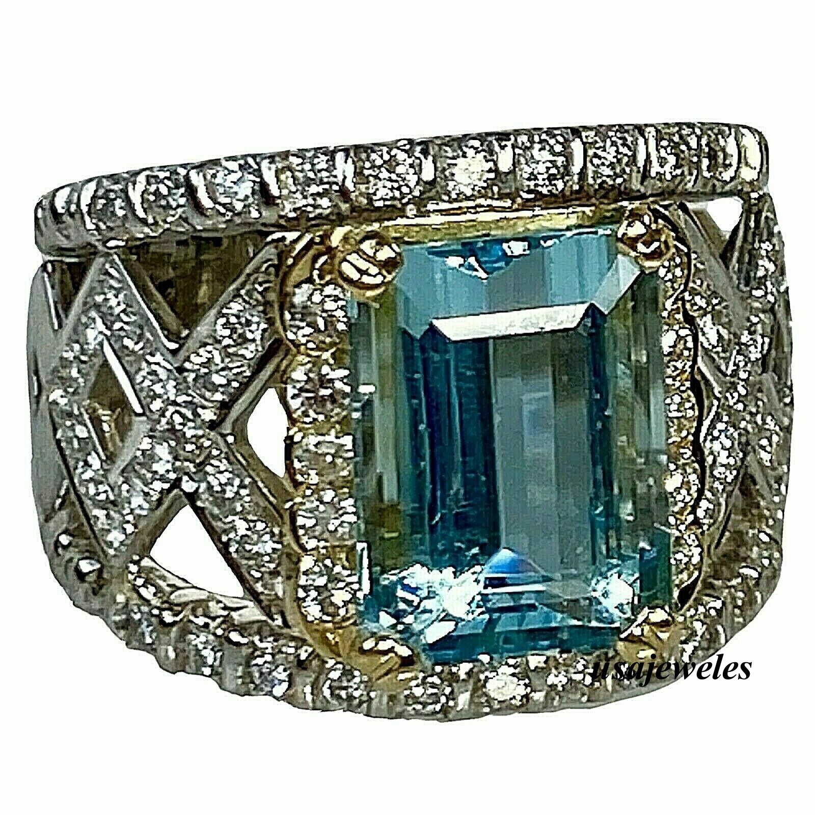 3.55CT Emerald Cut Real Aquamarine Huge Wedding Jewelry Ring 14K 2-Tone Gold FN