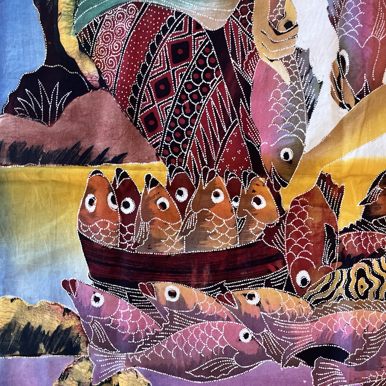 Women Catching Baskets Of Fish Ocean Rocks Indonesian Batik Panel