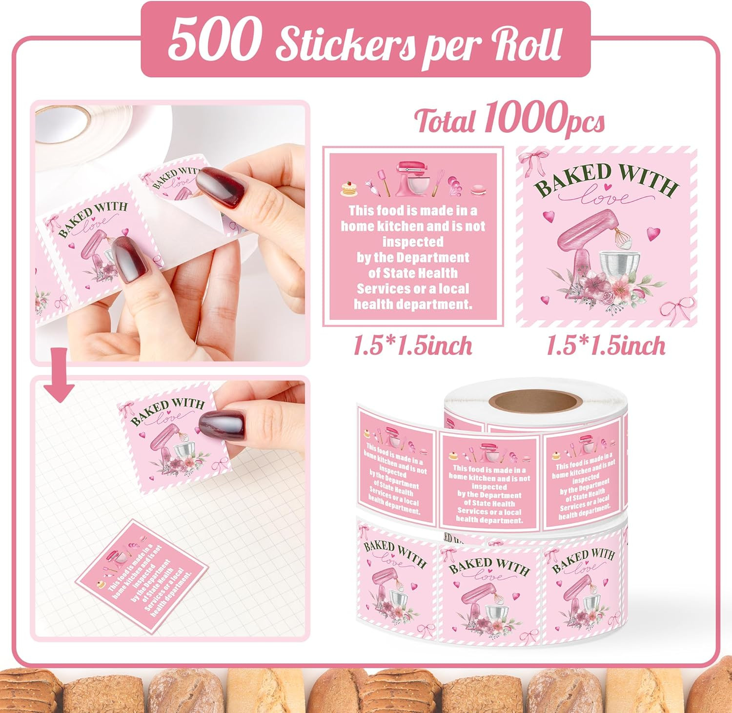 Cottage Food Law Labels – 1000 Count Pink Stickers for Homemade Bakery Goods
