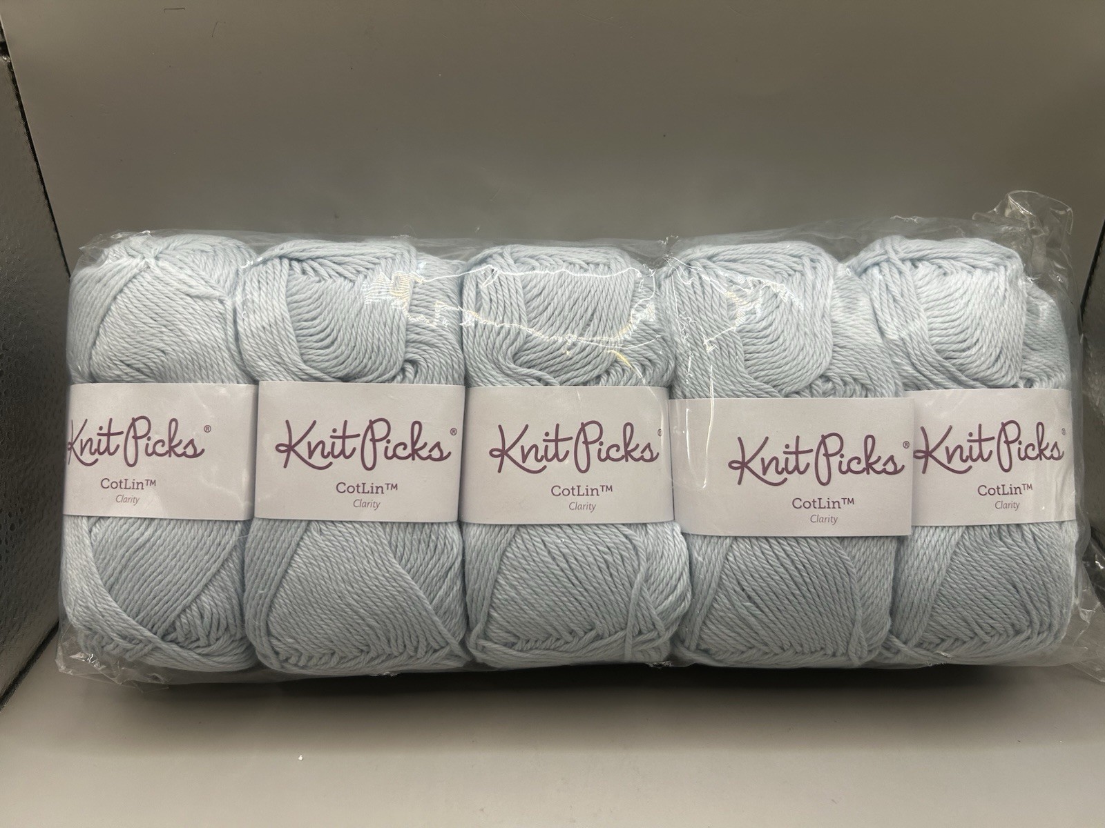 Lot of 10 Skeins of Knit Picks CotLin Yarn in Clarity (same dye lot), Light Blue