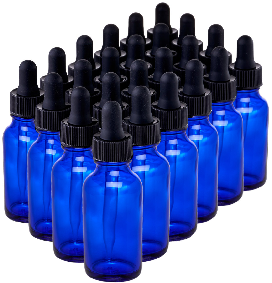 Cobalt Blue Boston Round Glass bottles Black Dropper Cap 1 oz / 30 ml 24 Pack