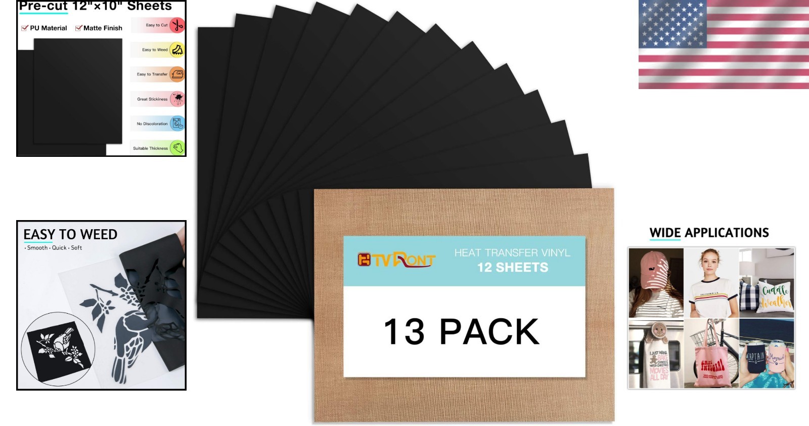 Eco-Friendly Black Heat Transfer Vinyl – 13 Sheets, 12″x10″ for DIY Projects
