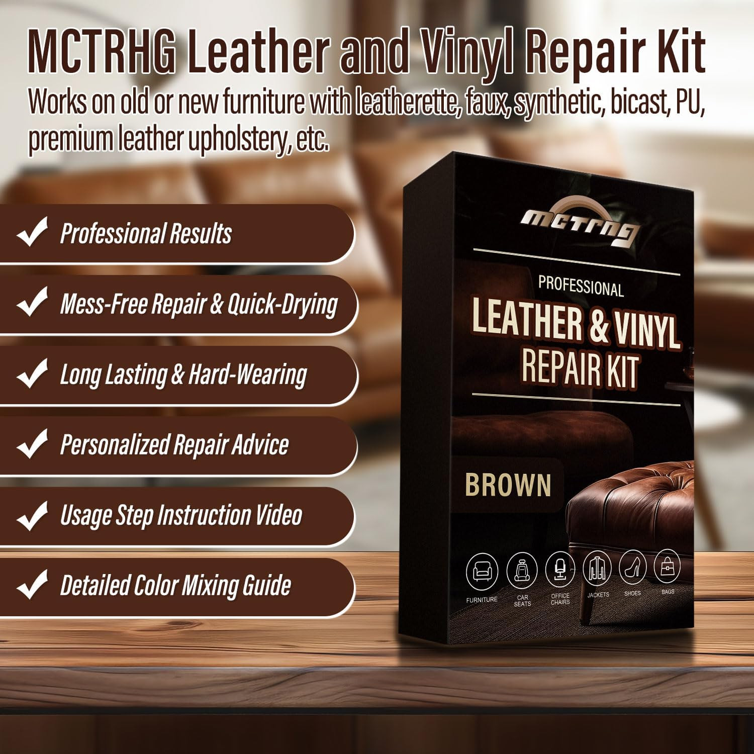 Brown Leather Repair Kit for Furniture, Couch, Vinyl and Leather Repair Kit for