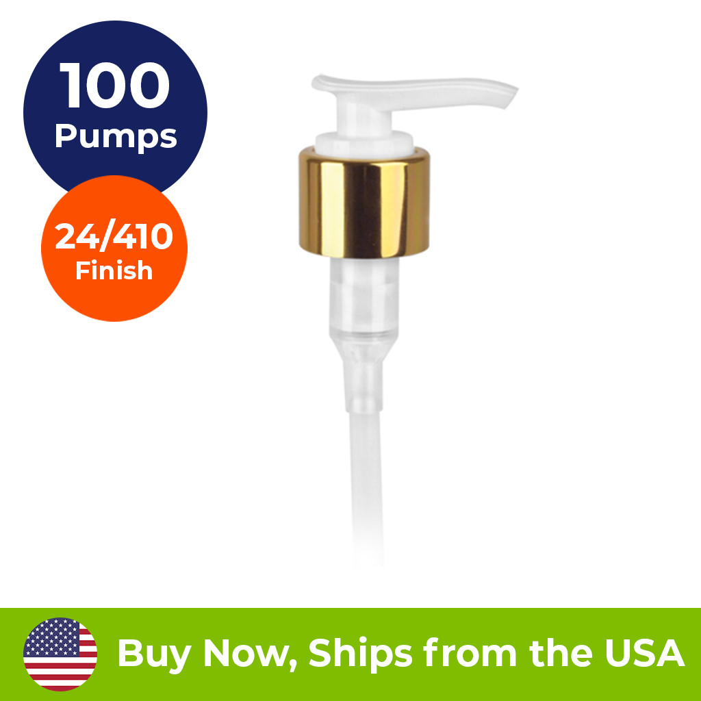 100 Pack – Gold/White Lotion Pump, 6″ Dip Tube, 24/410 Finish