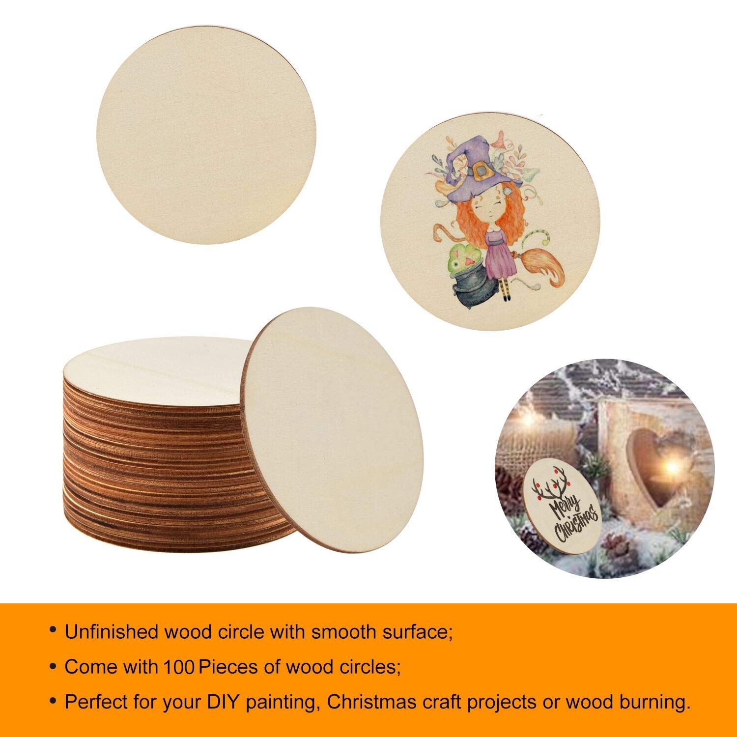 100 Pieces 3 Inch Unfinished Wooden Circles Blank Natural Round Wood Slices W…