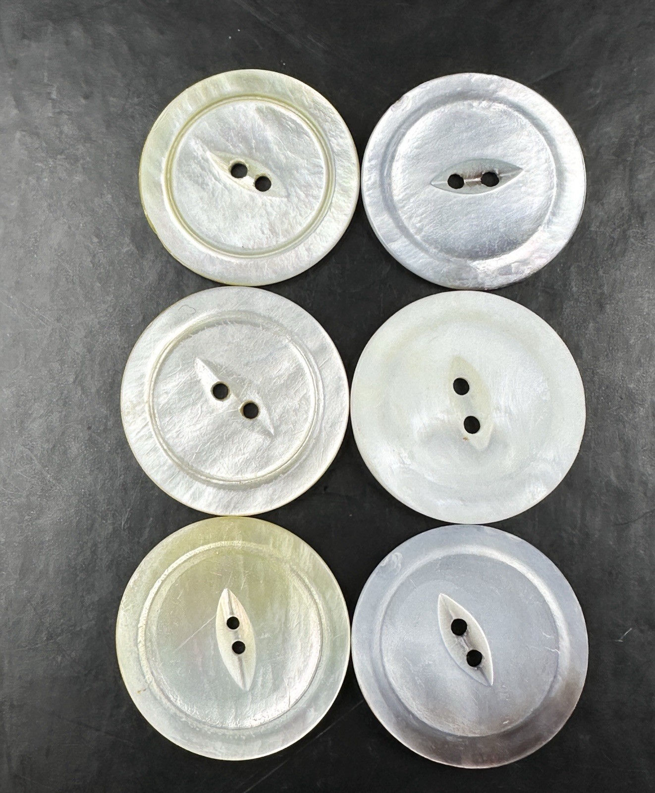 6 Large Vintage Mother of Pearl Buttons 27mm Carved Cat’s Eye 2-Hole Sew Through