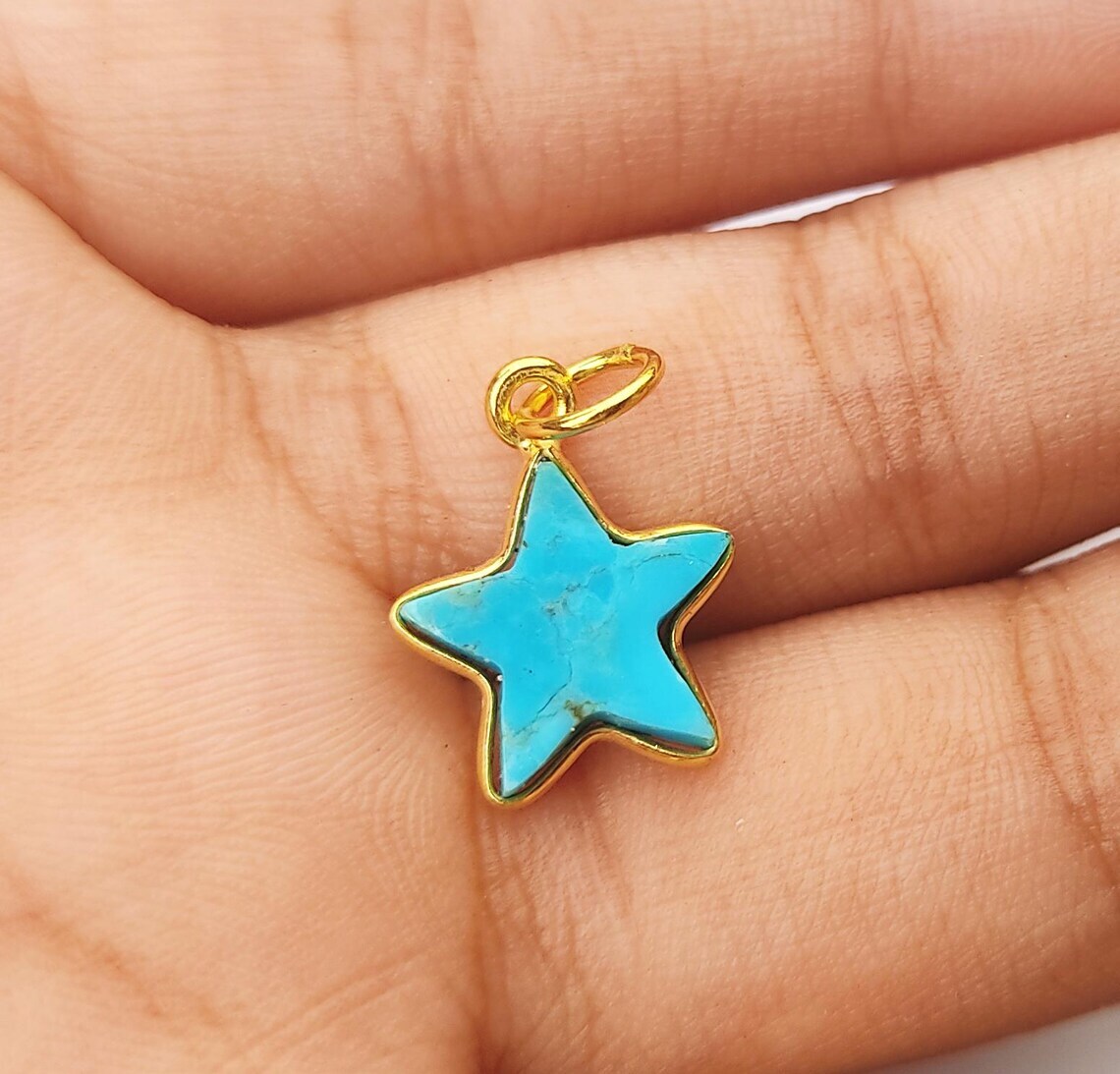 18k Gold Solid Turquoise Star Gold Charm Gemstone Pendant Handmade 10×10 mm