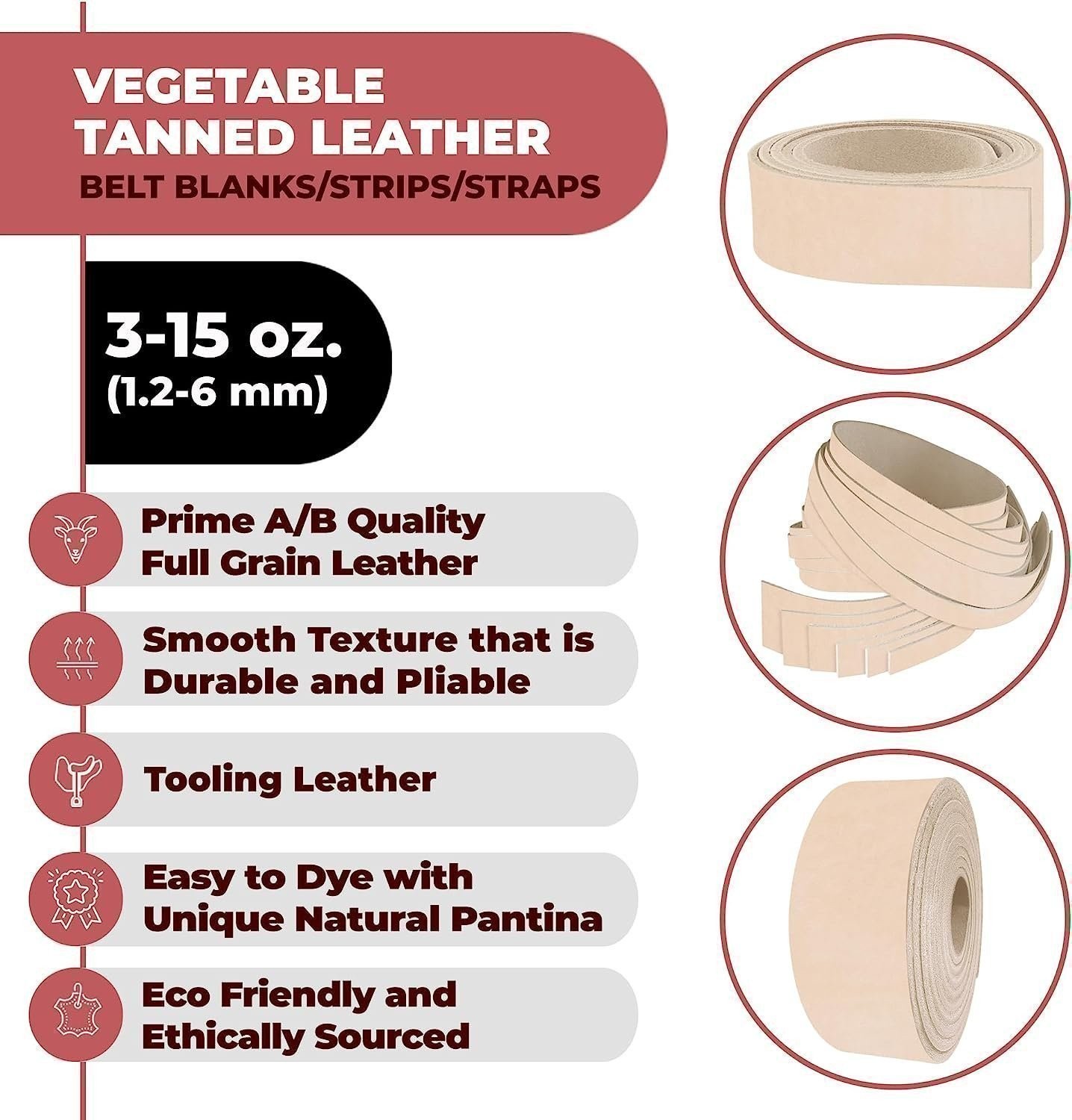 ELW Leather Blank Belt – 8-9 to 13-15 oz Thickness Cowhide Vegetable Tanned