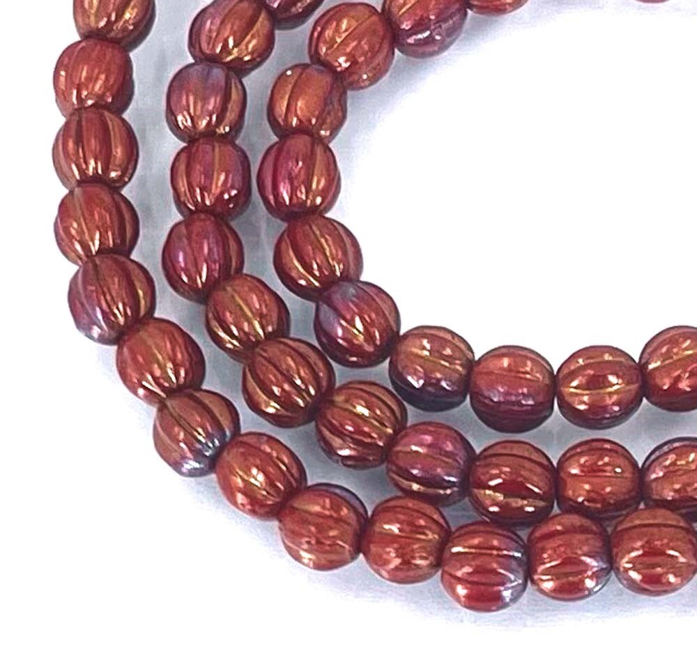 50 Czech Glass Carved Melon Round Beads – Bronze Luster Iris – Opaque Red 5mm