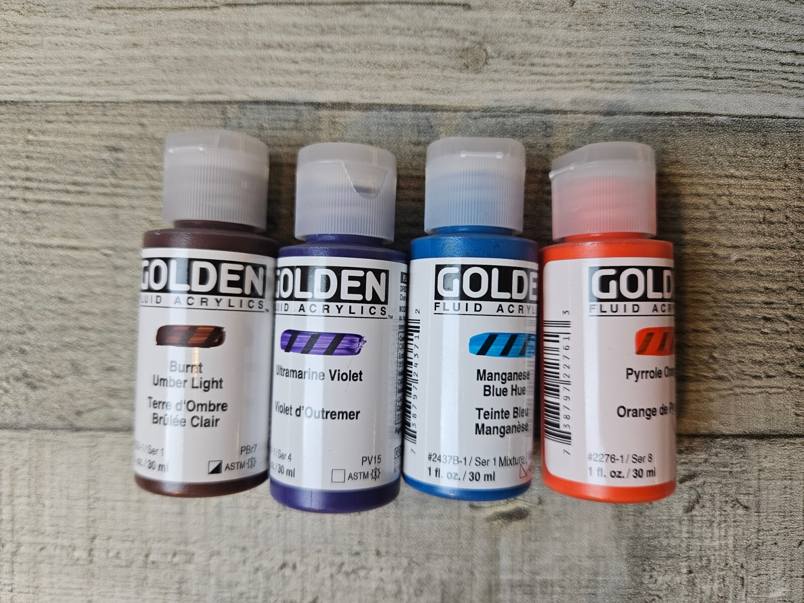 4 Golden Fluid Acrylics Paint 1-oz ~ Pyrrole Orange Manganese Ultramarine Umber