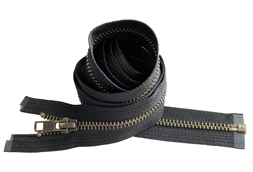 Medium Weight Jacket Zipper YKK #5 Antique Brass Separating Black, White 6″- 48″