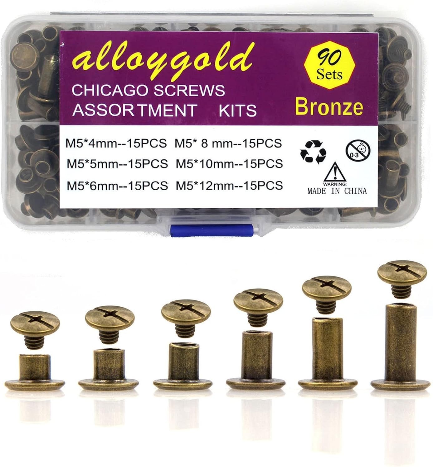 Leather Rivet Kit 90 Sets Bronze Chicago Screws Assorted Sizes for Craft Book…