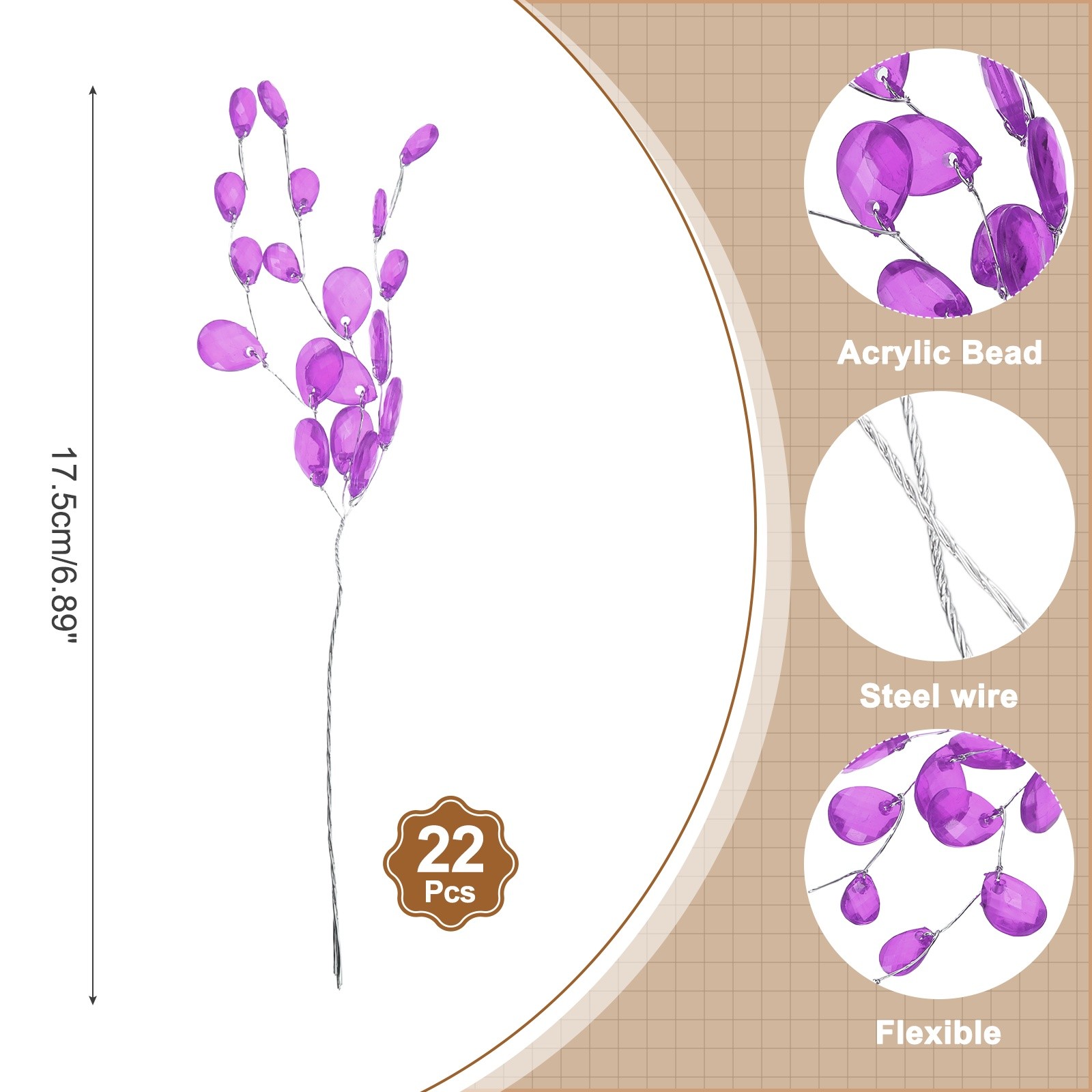 22 Pcs Acrylic Bead Drop Stems, Crystal Floral Picks Bouquets Flowers, Purple