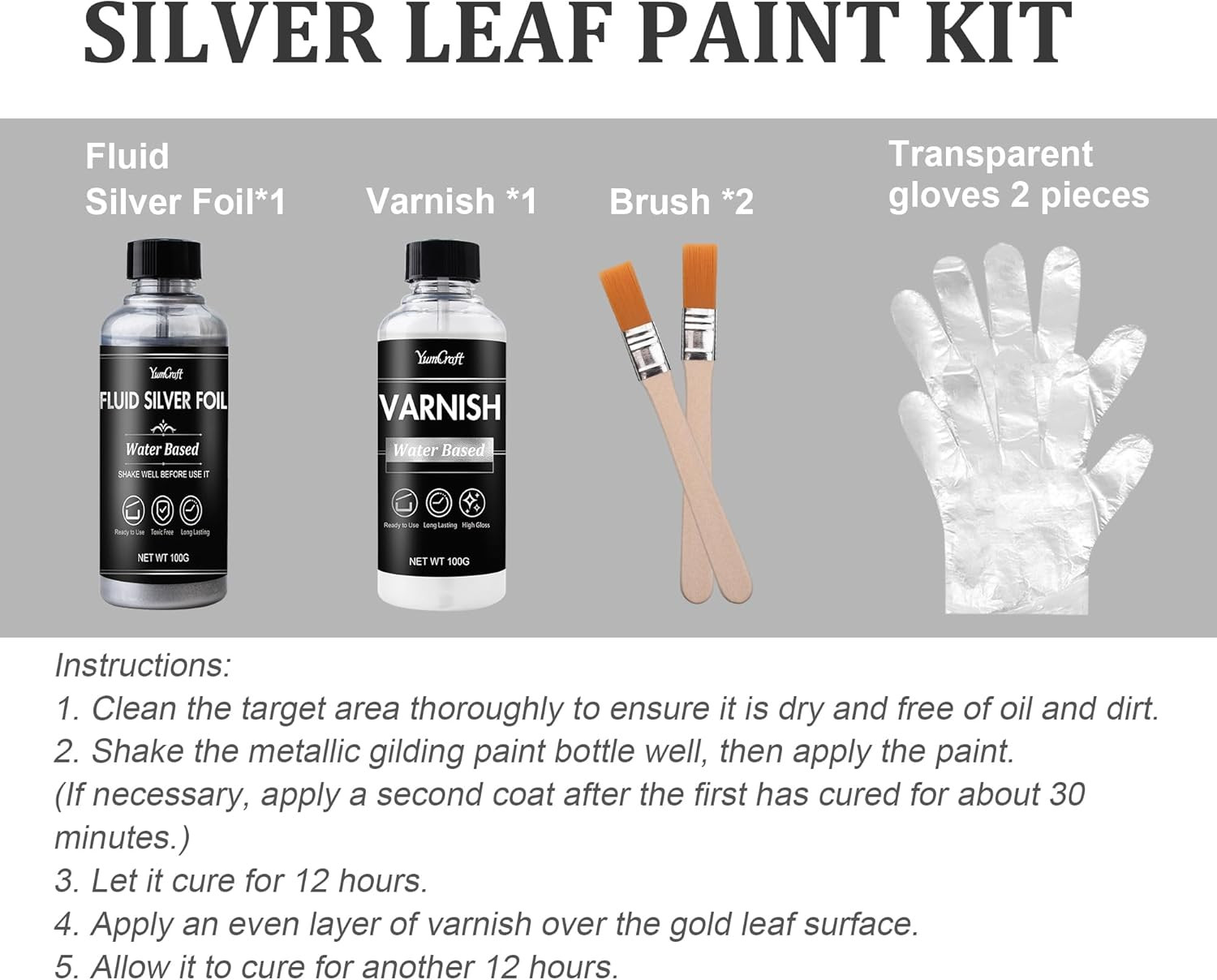 Liquid Silver Leaf Paint, Water-Based Silver Gilding 100Ml & Gloss Varnish 100Ml