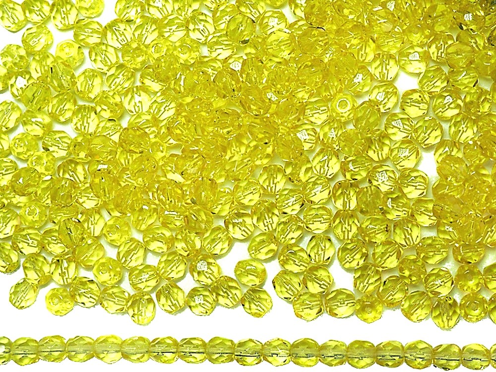 Czech Fire Polished Round Faceted Glass Beads Jonquil color, 16″ strand, yellow