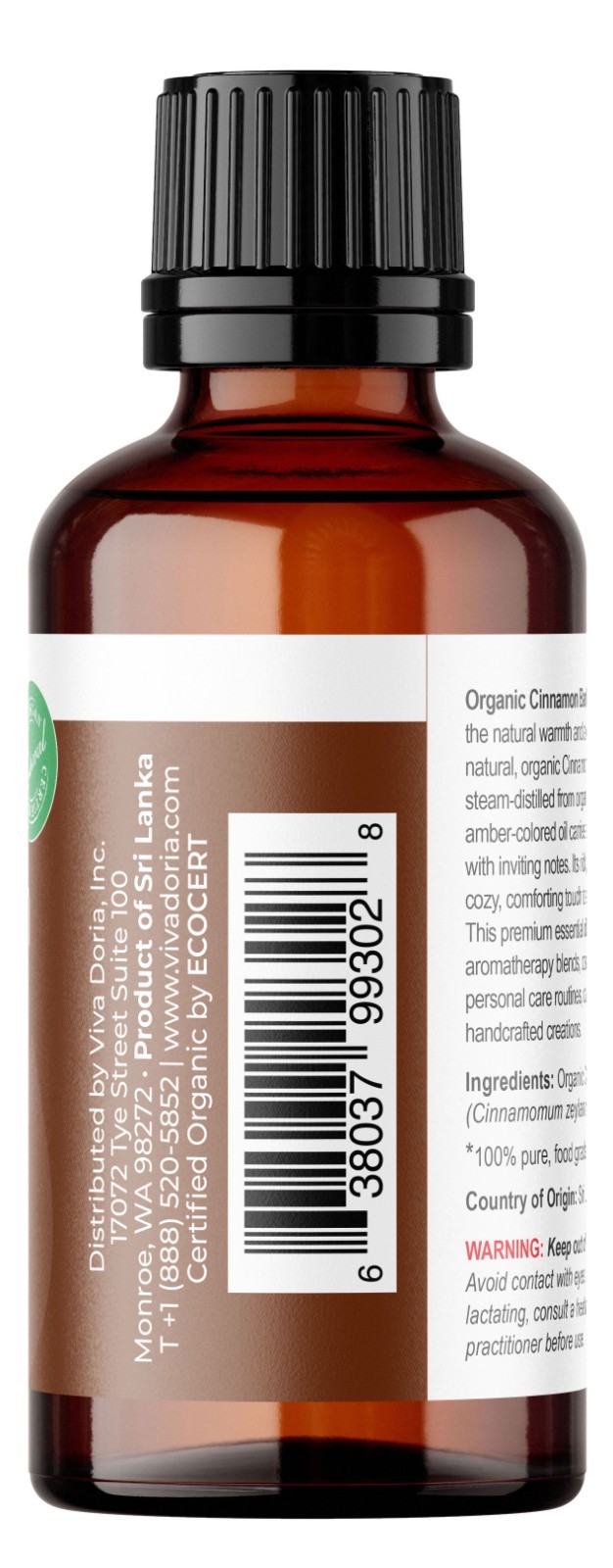 Viva Doria Pure Organic Cinnamon Bark Essential Oil, Food Grade, 1 Fl oz