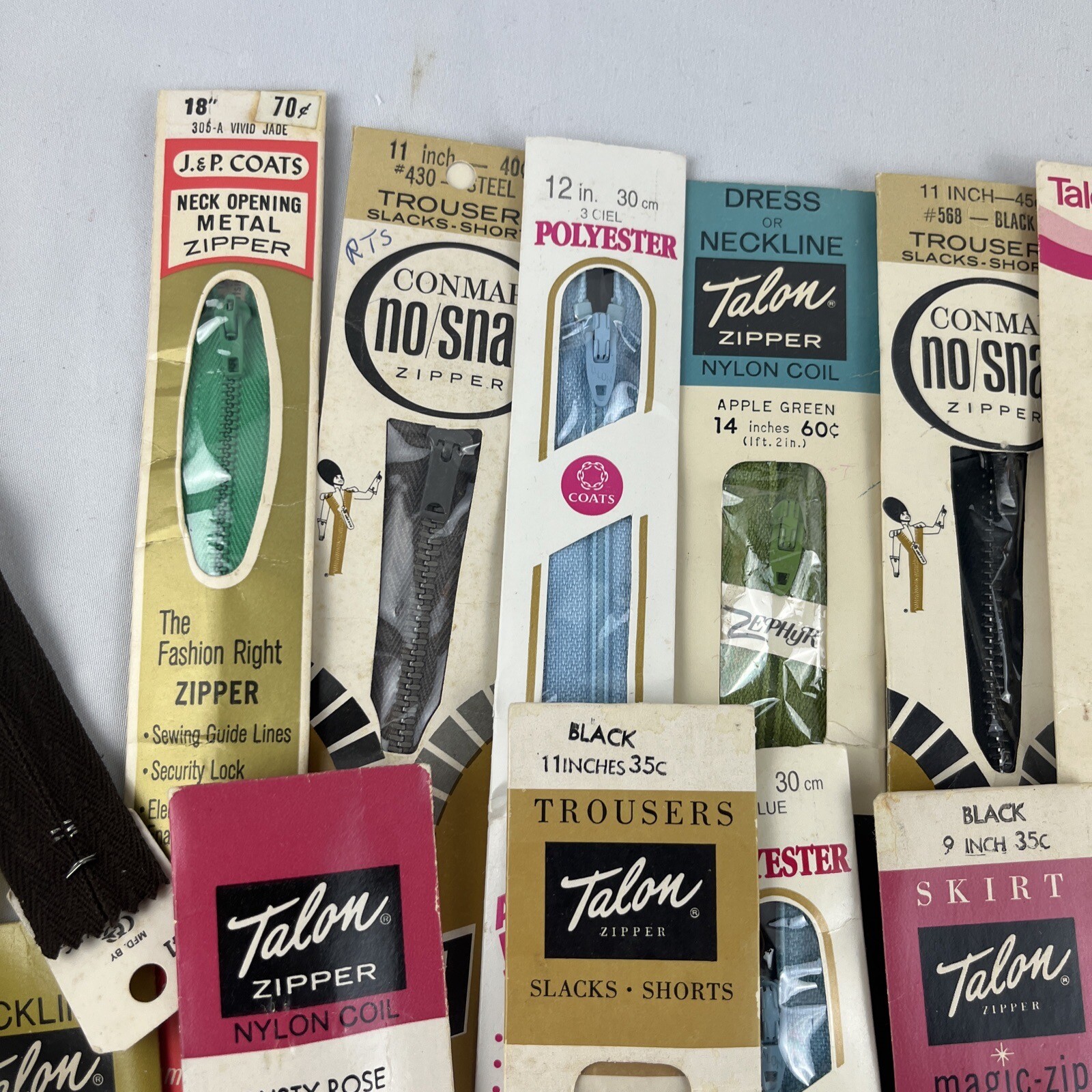 Talon Metal Zippers Lot of 28 Vintage Assorted Sizes & Colors Pink Green Blue