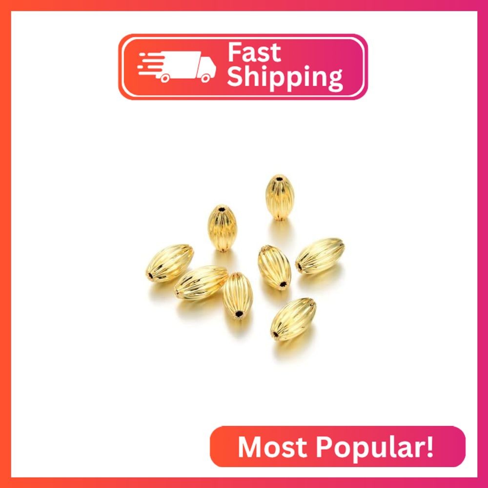 100pcs Sparkle 18K Yellow Gold Plated Corrugated Oval Melon Beads12x8mm