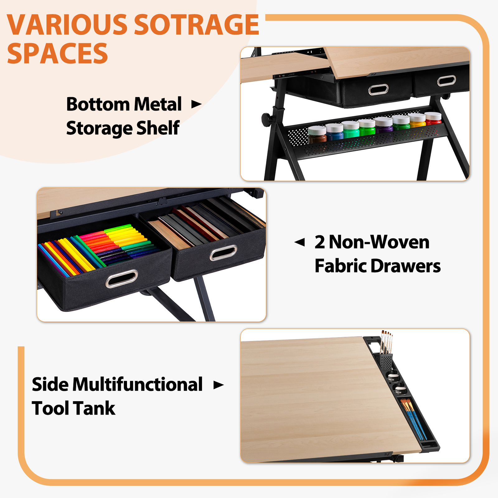 Adjustable Artist Table Tilted Tabletop Drafting Stool & Storage Drawer Natural