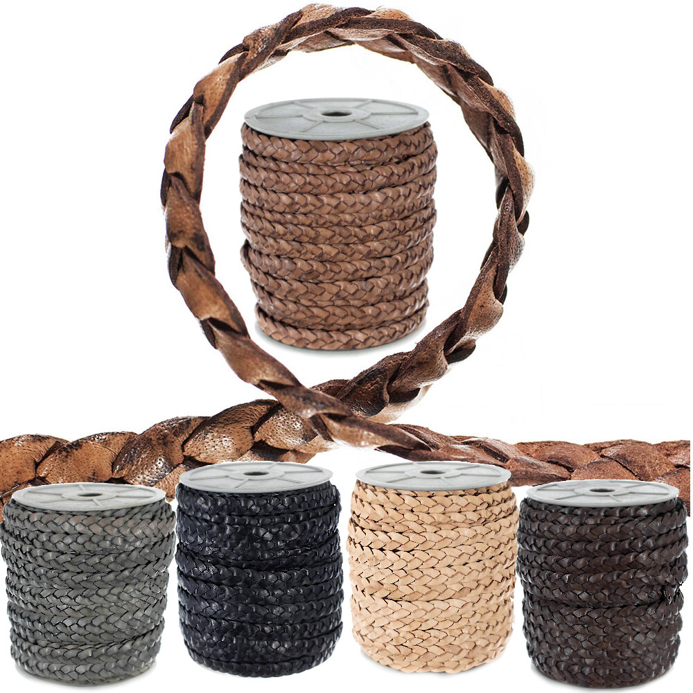 Flat Braided Leather Cord – 5mm & 10mm Widths – 5, 10, 25 YD Lengths – 5 colors