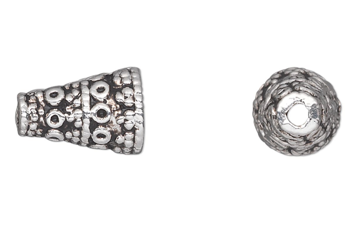 Cone, 50 Antiqued Silver Pewter Textured 10x7mm Cone Bead Caps with 4.5mm Inside