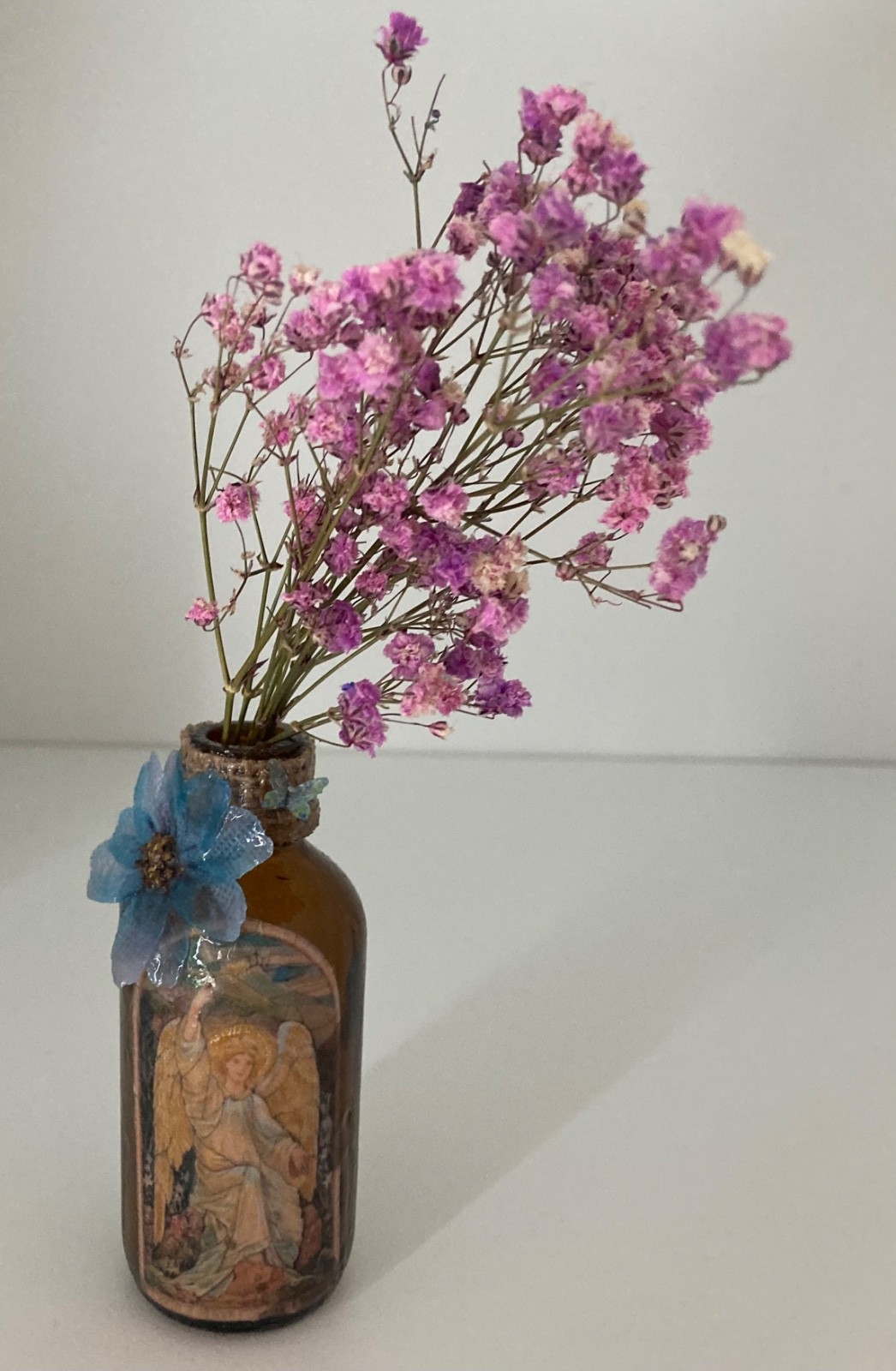 Decoupage, Hand Decorated Angel on Very Small, Amber, Apothecary Glass Bottle