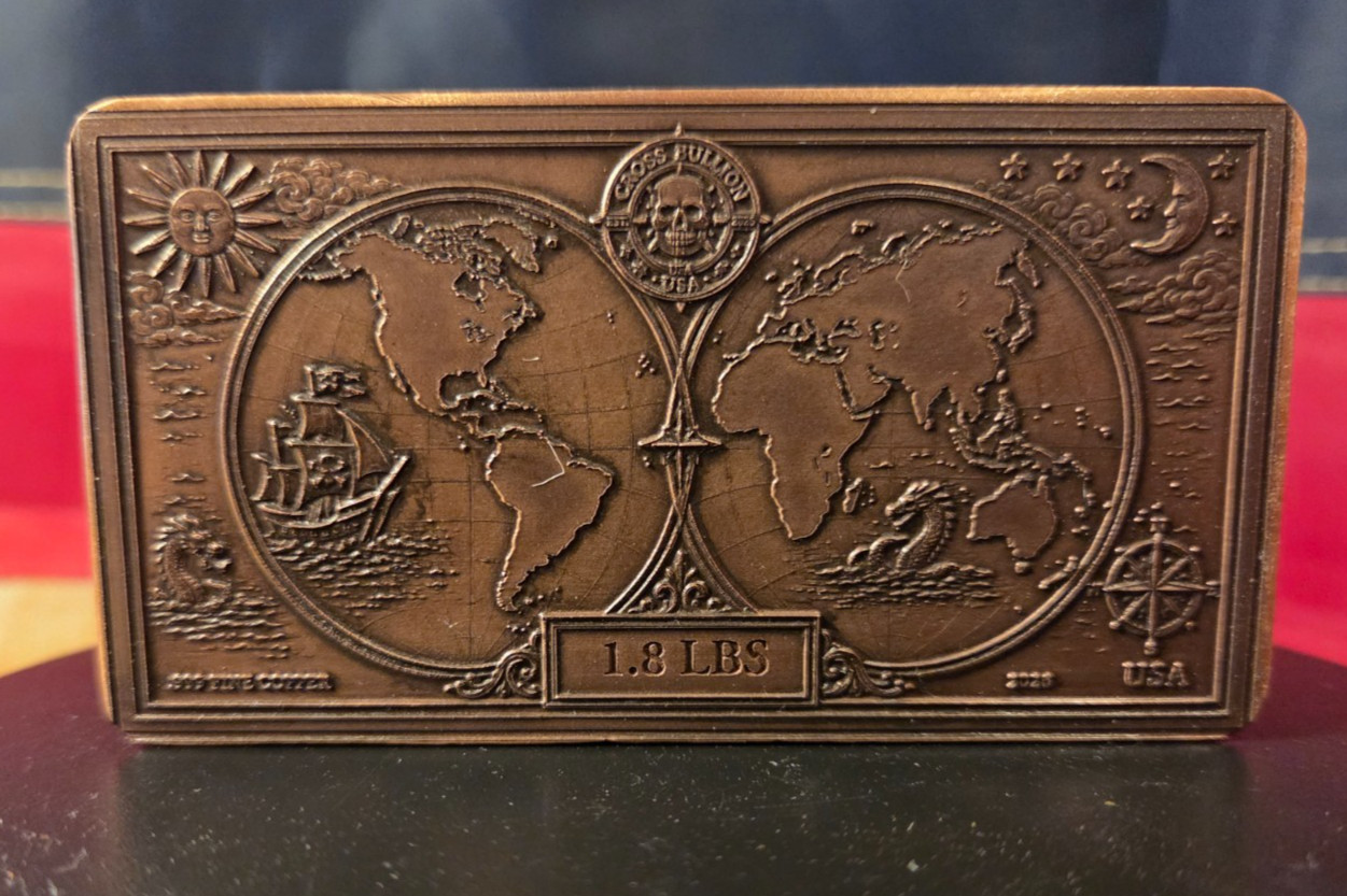 Hand Poured .999 Fine Copper Bullion Bar Art – 1.8 Lbs – *Cross Bones Bullion*