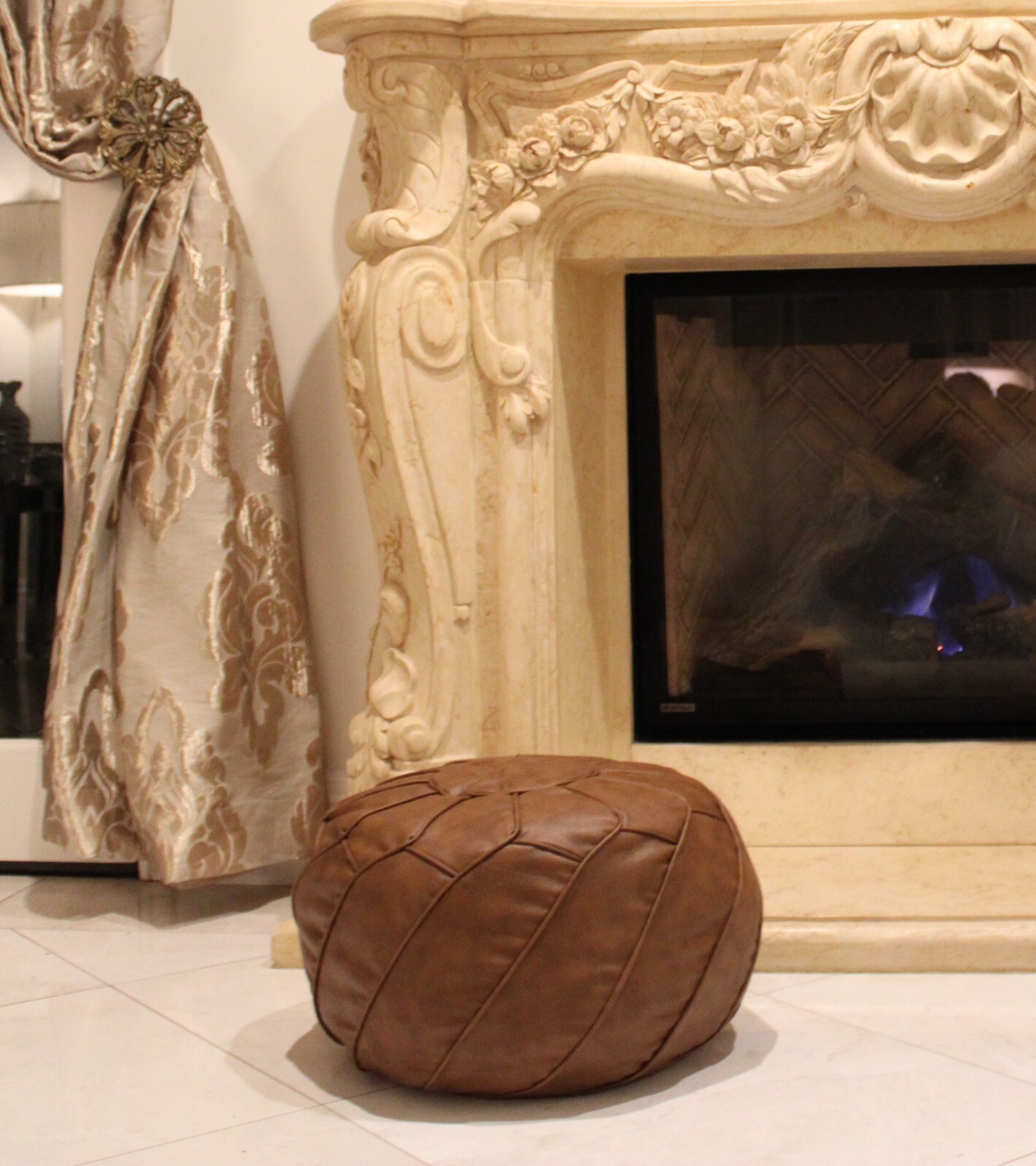 Amina Modern Natural Leather Moroccan Pouf and Ottoman – Filled and Stuffed
