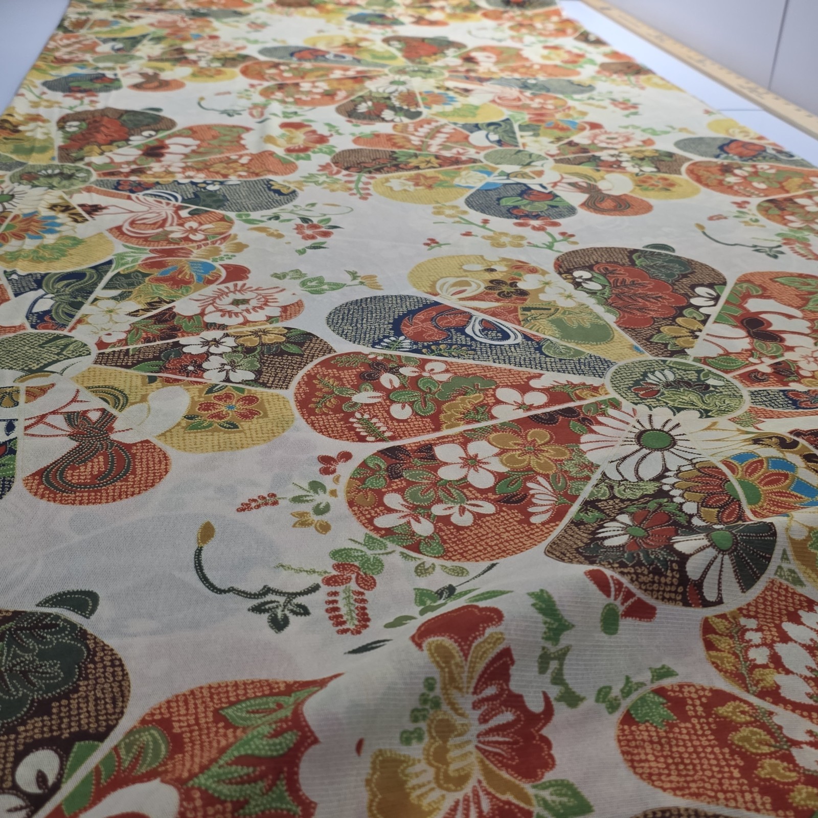 Vintage Japanese Fan Motif Fabric Bolt Polyester Kimono Floral 3.4 Yd Wide…