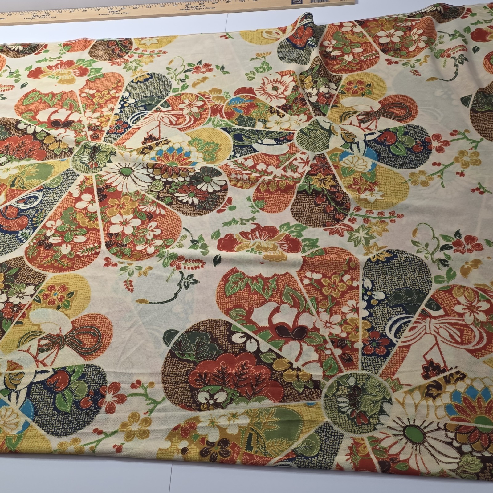 Vintage Japanese Fan Motif Fabric Bolt Polyester Kimono Floral 3.4 Yd Wide…