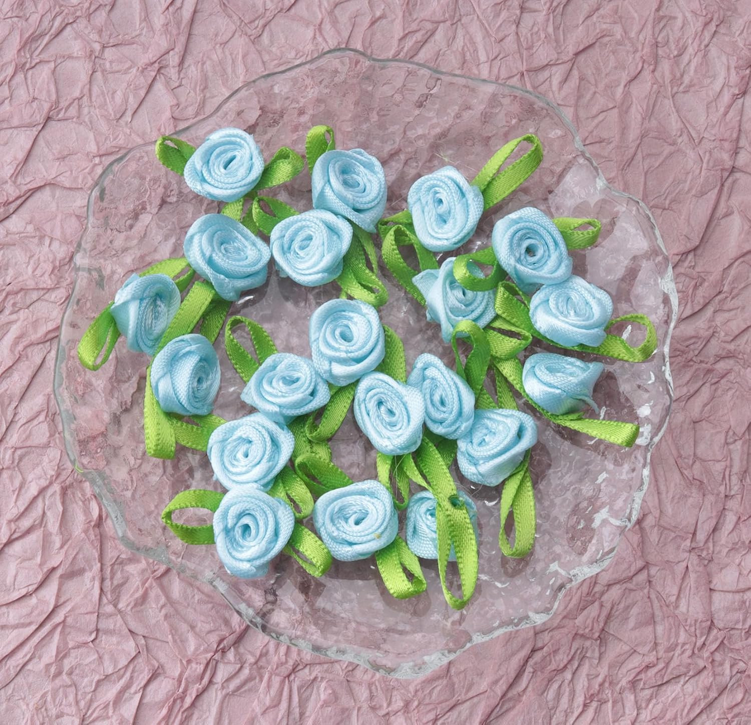 50 Pcs Satin Roses with Green Leaves Mini Cute Ribbon Bows Fabric Artificial Flo