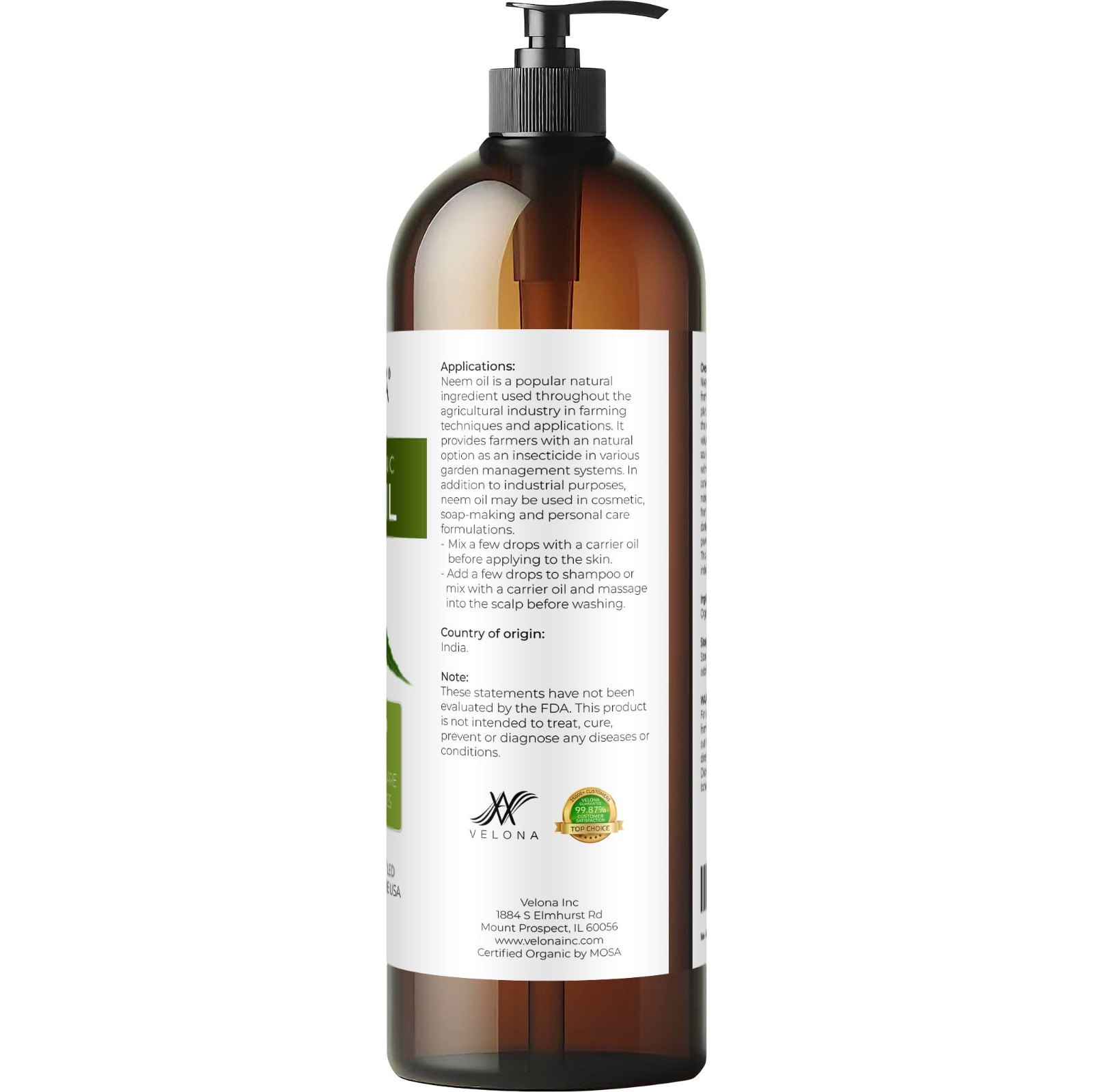 Velona Neem Oil USDA Certified Organic – 32 oz Virgin, Unrefined, Cold Pressed