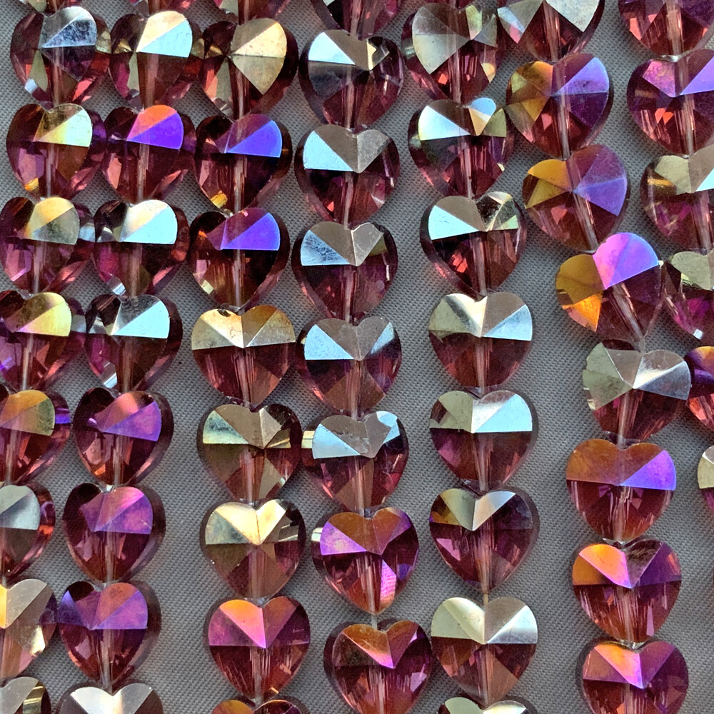 Purple AB Faceted Heart 10mm Electroplated Crystal Glass Q20 Beads per Pkg