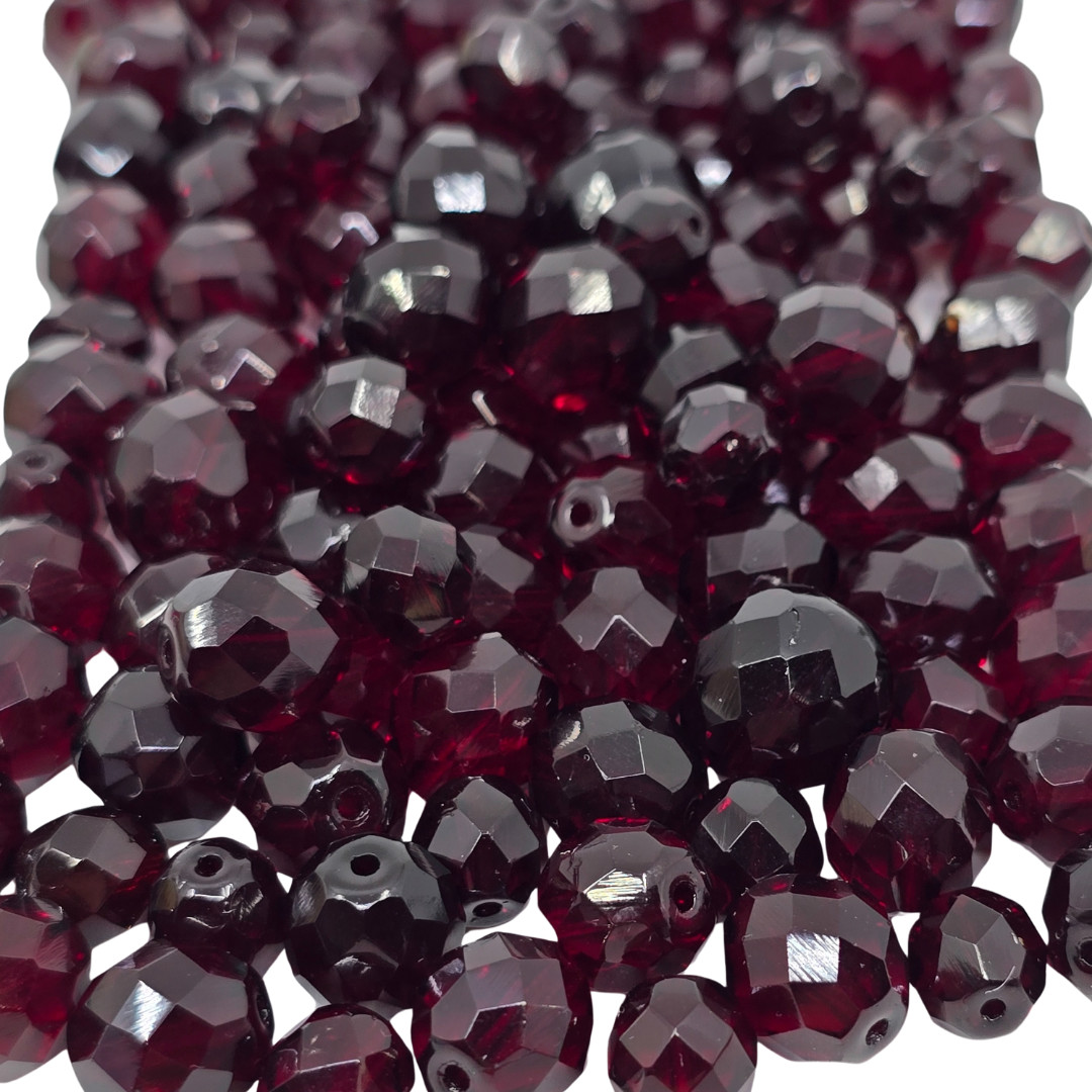Czech Vintage Dark Cherry Red Faceted Round Glass Beads Size Varies 113g