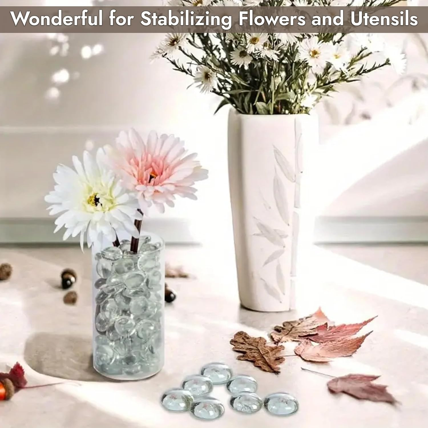 Flat Glass Marbles, Clear Beads Glass Pebbles Vase Fillers, 1 LB Glass Beads for