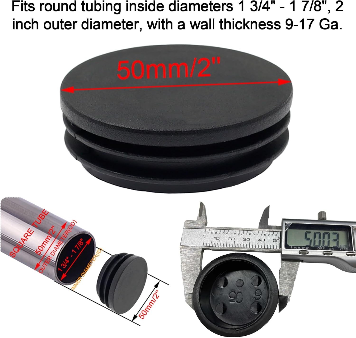 4 Pack 50mm Black Plastic Tube End Caps – Fit 1 3/4″ to 1 7/8″ Tubing